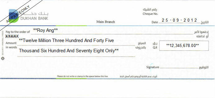 Printed Cheque of Dukhan Bank in Qatar Printed Cheque of Dukhan Bank in Qatar