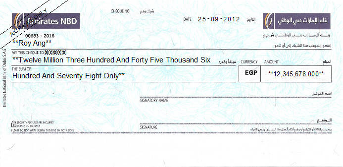Printed Cheque of Emirates NBD in Egypt Printed Cheque of Emirates NBD in Egypt