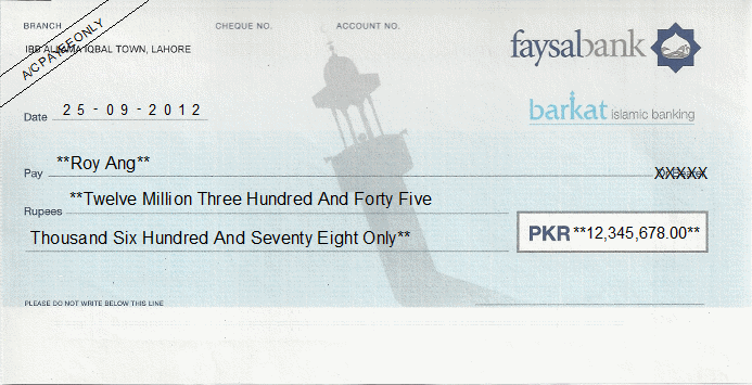 Printed Cheque of Faysal Bank - Islamic in Pakistan Printed Cheque of Faysal Bank - Islamic in Pakistan