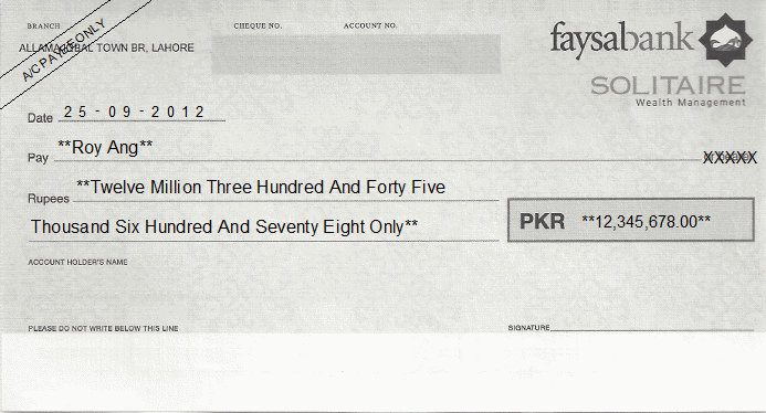 Printed Cheque of Faysal Bank - Solitaire in Pakistan Printed Cheque of Faysal Bank - Solitaire in Pakistan