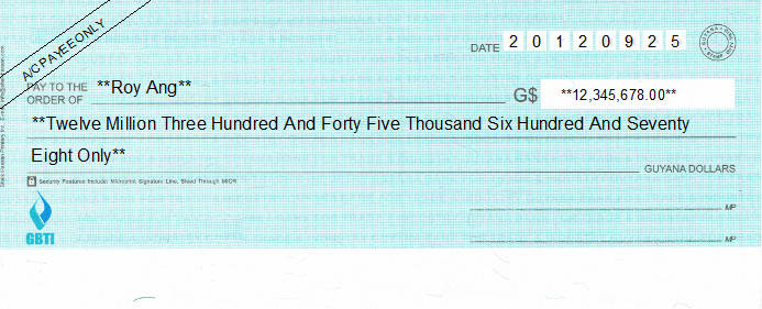 Printed Cheque of Guyana Bank for Trade and Industry (GBTI) in Guyana