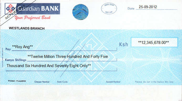 Printed Cheque of Guardian Bank in Kenya Printed Cheque of Guardian Bank in Kenya