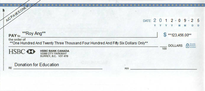 Printed Cheque of HSBC Bank in Canada Printed Cheque of HSBC Bank in Canada