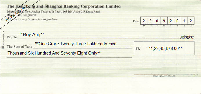Printed Cheque of HSBC Bank in Bangladesh Printed Cheque of HSBC Bank in Bangladesh