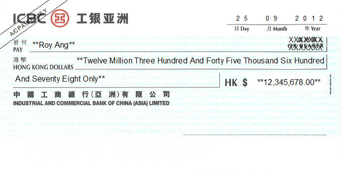 Printed Cheque of ICBC Bank - Personal in Hong Kong (工銀亞洲) Printed Cheque of ICBC Bank - Personal in Hong Kong (工銀亞洲)