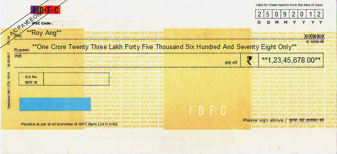 Printed Cheque of IDFC Bank in India Printed Cheque of IDFC Bank in India