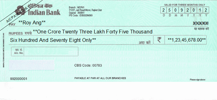 Printed Cheque of Indian Bank Printed Cheque of Indian Bank