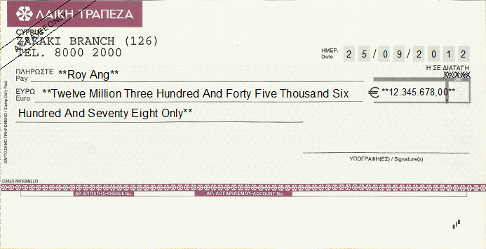 Printed Cheque of Laiki Bank in Cyprus Printed Cheque of Laiki Bank in Cyprus