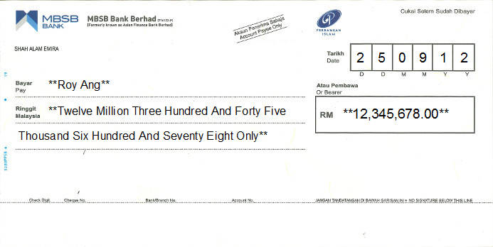 Printed Cheque of MBSB Bank in Malaysia Printed Cheque of MBSB Bank in Malaysia