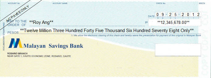Printed Cheque of Malayan Savings Bank in Philippines Printed Cheque of Malayan Savings Bank in Philippines