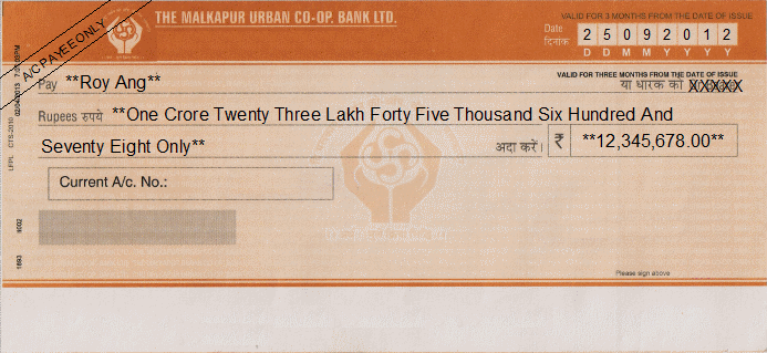 Printed Cheque of The Malkapur Urban Co-op. Bank India Printed Cheque of The Malkapur Urban Co-op. Bank India