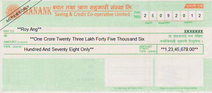 Printed Cheque of Manank Saving & Credit Co-operative Limited in Nepal