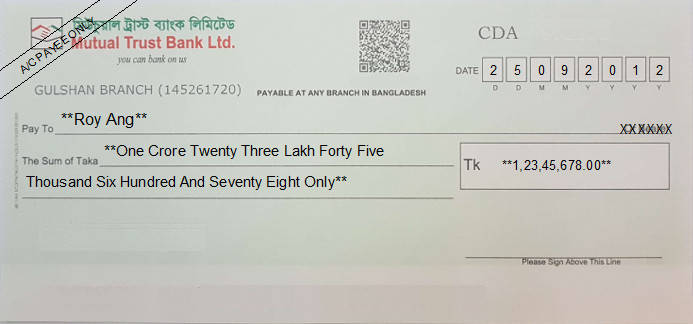 Printed Cheque of Mutual Trust Bank in Bangladesh Printed Cheque of Mutual Trust Bank in Bangladesh