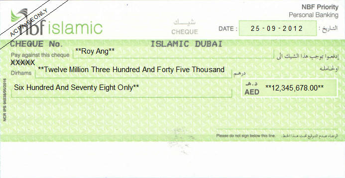 Printed Cheque of NBF Islamic (NBF Priority - Personal Banking) in UAE Printed Cheque of NBF Islamic (NBF Priority - Personal Banking) in UAE