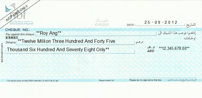 Printed Cheque of NBF (Petty Cash) - National Bank of Fujairah in UAE Printed Cheque of NBF (Petty Cash) - National Bank of Fujairah in UAE