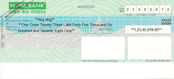 Printed Cheque of Nabil Bank in Nepal