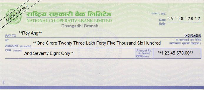 Printed Cheque of National Co-operative Bank in Nepal