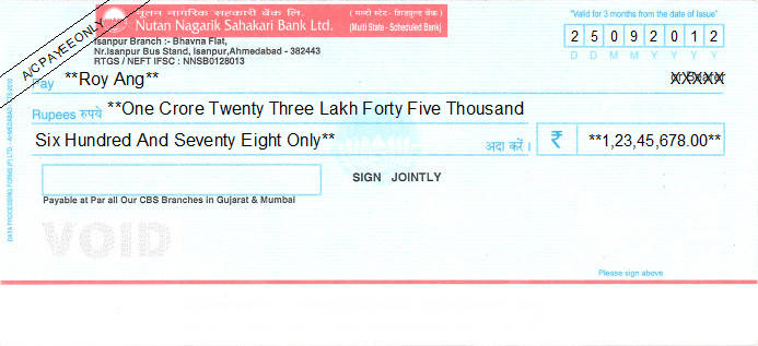 Printed Cheque of Nutan Nagarik Sahakari Bank in India Printed Cheque of Nutan Nagarik Sahakari Bank in India