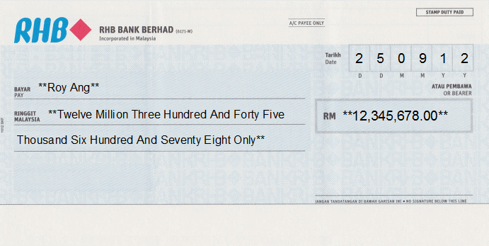Printed Cheque of RHB Bank in Malaysia Printed Cheque of RHB Bank in Malaysia