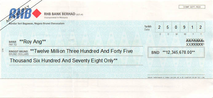 Printed Cheque of RHB Bank (Personal) in Brunei Printed Cheque of RHB Bank (Personal) in Brunei