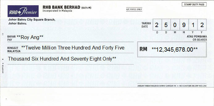 Printed Cheque of RHB Bank - Premier in Malaysia Printed Cheque of RHB Bank - Premier in Malaysia