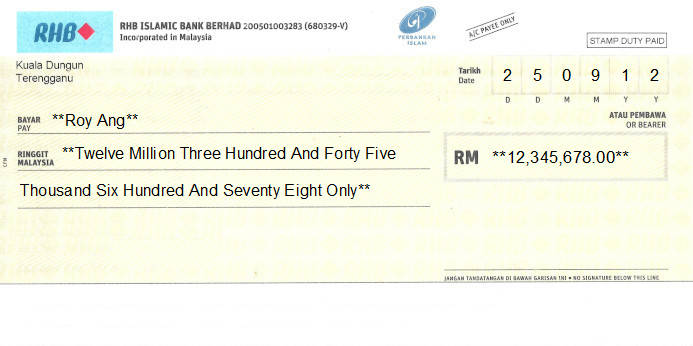 Printed Cheque of RHB Islamic Bank in Malaysia Printed Cheque of RHB Islamic Bank in Malaysia