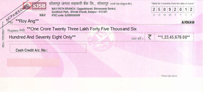 Printed Cheque of SJSB - Solapur Janata Sahakari Bank in India Printed Cheque of SJSB - Solapur Janata Sahakari Bank in India