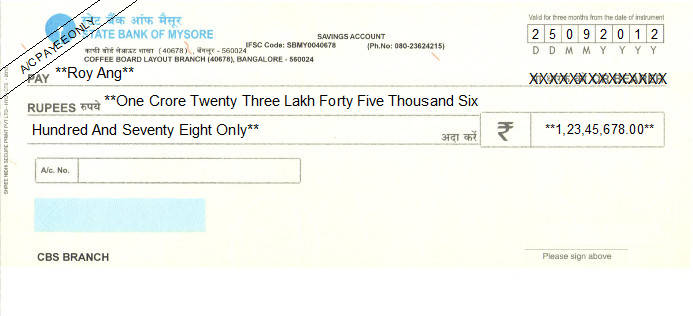 Printed Cheque of State Bank of Mysore (Savings Account) in India Printed Cheque of State Bank of Mysore (Savings Account) in India
