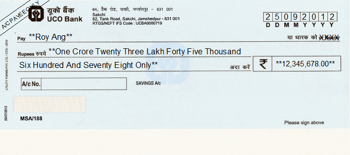 Printed Cheque of UCO Bank India Printed Cheque of UCO Bank India