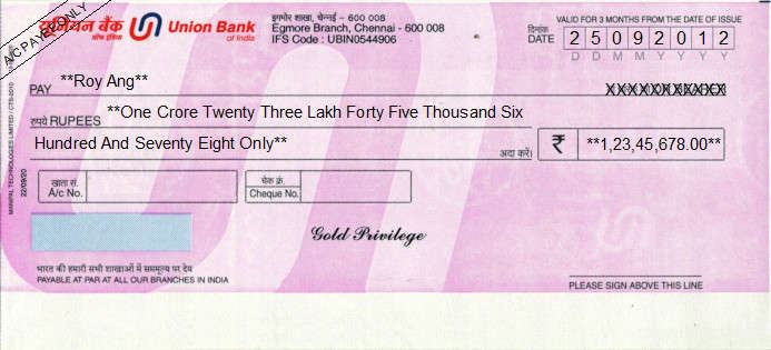 Printed Cheque of Union Bank - Gold Privilege in India Printed Cheque of Union Bank - Gold Privilege in India