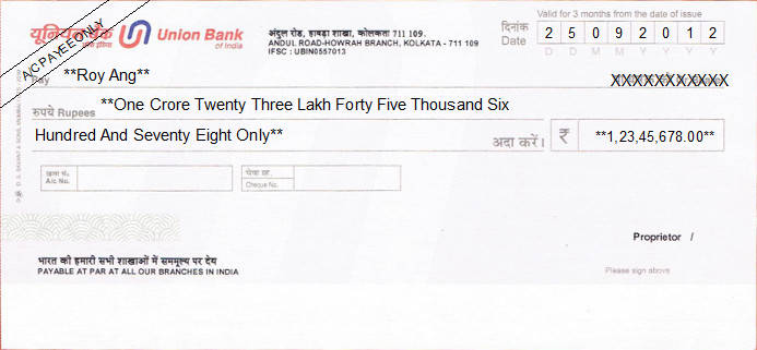 Printed Cheque of Union Bank in India Printed Cheque of Union Bank in India