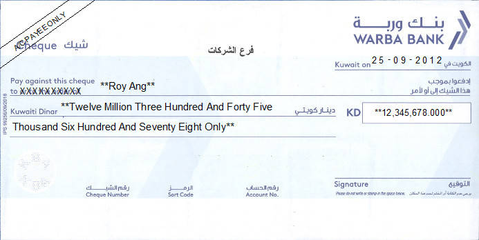 Printed Cheque of Warba Bank in Kuwait Printed Cheque of Warba Bank in Kuwait