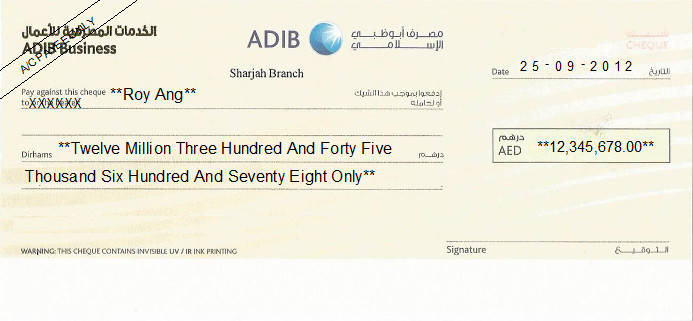Printed Cheque of Abu Dhabi Islamic Bank (ADIB Business) in UAE Printed Cheque of Abu Dhabi Islamic Bank (ADIB Business) in UAE