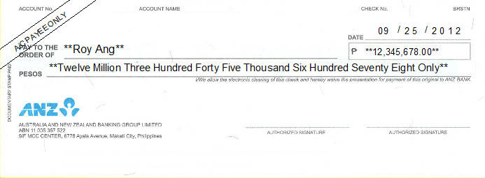 Printed Cheque of ANZ Bank Philippines Printed Cheque of ANZ Bank Philippines
