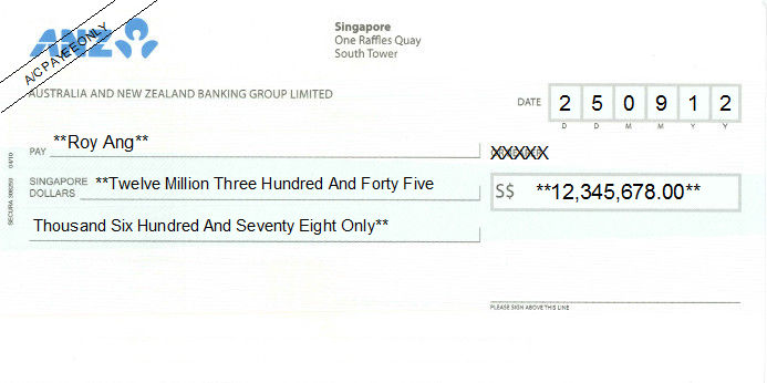 Printed Cheque of ANZ (Australia and New Zealand Banking Group) Singapore Printed Cheque of ANZ (Australia and New Zealand Banking Group) Singapore