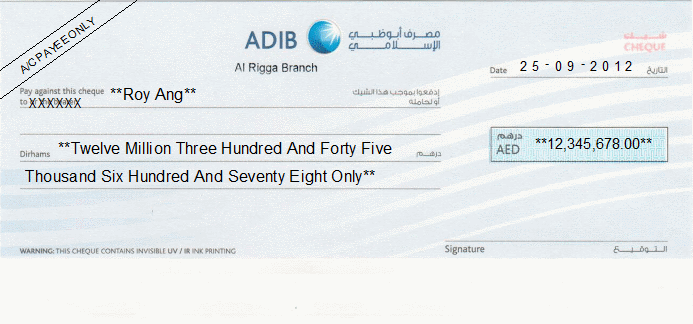 Printed Cheque of Abu Dhabi Islamic Bank (ADIB Personal) in UAE Printed Cheque of Abu Dhabi Islamic Bank (ADIB Personal) in UAE