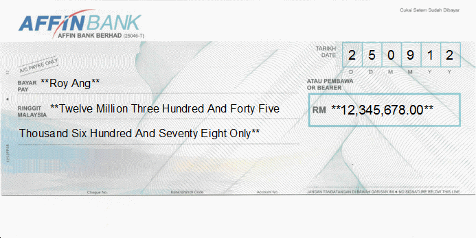 Printed Cheque of Affin Bank in Malaysia Printed Cheque of Affin Bank in Malaysia
