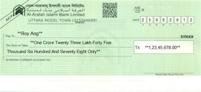 Printed Cheque of Al-Arafah Islami Bank in Bangladesh Printed Cheque of Al-Arafah Islami Bank in Bangladesh