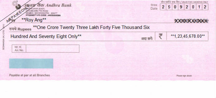 Printed Cheque of Andhra Bank India Printed Cheque of Andhra Bank India