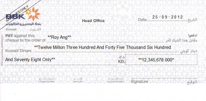 Printed Cheque of Bank of Bahrain and Kuwait - BBK in Kuwait Printed Cheque of Bank of Bahrain and Kuwait - BBK in Kuwait