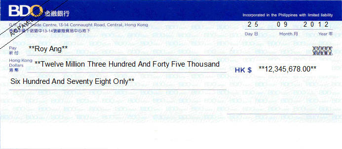 Printed Cheque of BDO in Hong Kong Printed Cheque of BDO in Hong Kong
