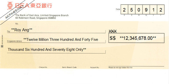 Printed Cheque of BEA (The Bank of East Asia) Singapore Printed Cheque of BEA (The Bank of East Asia) Singapore