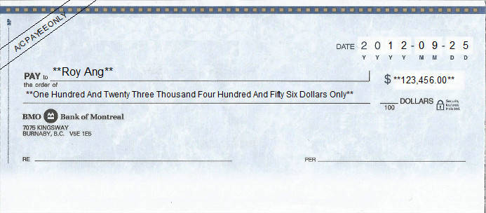 Printed Cheque of Bank of Montreal (BMO) in Canada Printed Cheque of Bank of Montreal (BMO) in Canada
