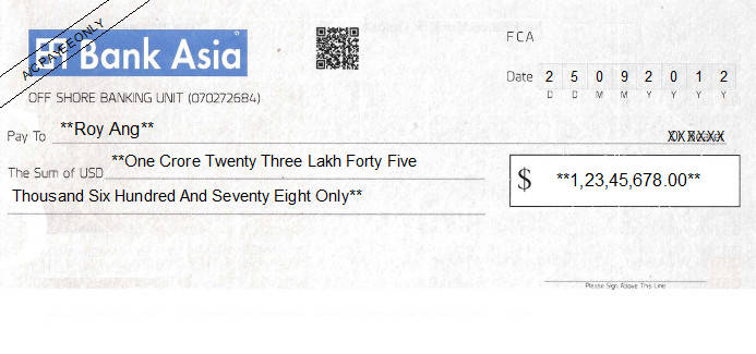 Printed Cheque of Bank Asia (USD) in Bangladesh Printed Cheque of Bank Asia (USD) in Bangladesh