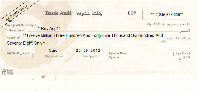 Printed Cheque of Bank Audi in Egypt Printed Cheque of Bank Audi in Egypt
