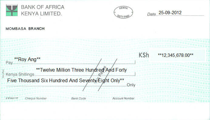 Printed Cheque of Bank of Africa in Kenya Printed Cheque of Bank of Africa in Kenya