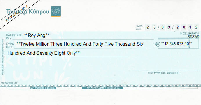 Printed Cheque of Bank of Cyprus in Cyprus Printed Cheque of Bank of Cyprus in Cyprus