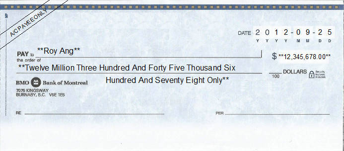 Printed Cheque of Bank of Montreal (BMO) Canada
