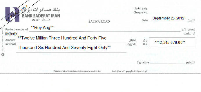 Printed Cheque of Bank Saderat Iran in Qatar Printed Cheque of Bank Saderat Iran in Qatar