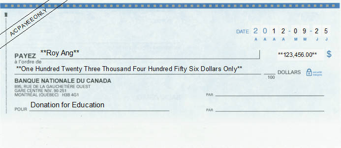 Printed Cheque of Banque Nationale du Canada in Canada Printed Cheque of Banque Nationale du Canada in Canada